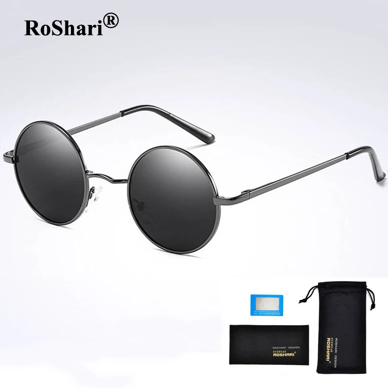 RoShari, Ретро стиль, стимпанк, поляризационные солнцезащитные очки, для женщин, фирменный дизайн, для мужчин, круглая черная оправа, черные линзы, солнцезащитные очки, для мужчин, gafas de sol - Цвет линз: Gun and black