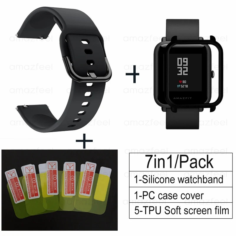 7в1 аксессуары для Xiaomi Huami Amazfit ремешок Bip силиконовые часы с цветочным рисунком ремешок для Amazfit Bip Lite браслет чехол Защита экрана - Цвет: black