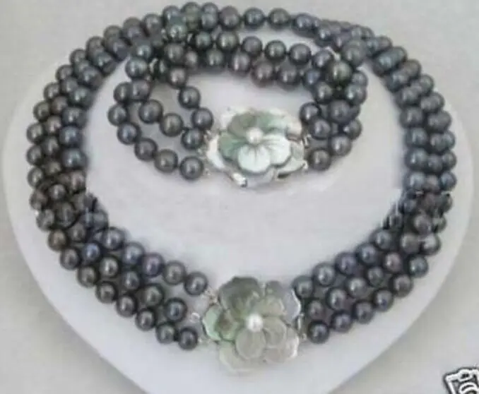 

Hot sale Free Shipping>>NEW Noblest 3 row 7-8MM black pearl necklace bracelet set 17-19"7.5