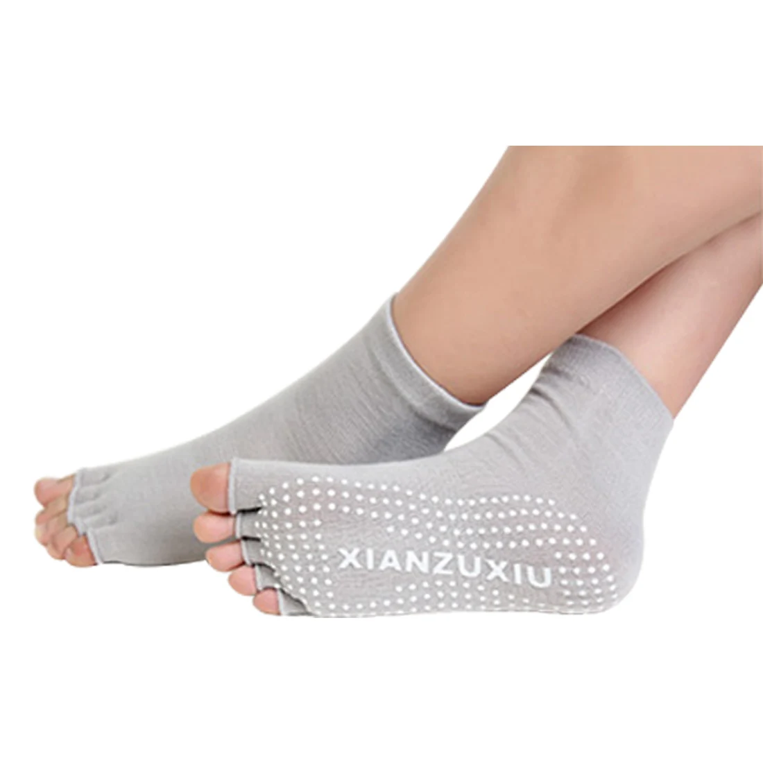 Женские хлопковые носки для йоги с полупальцами Нескользящие нескользящие носки для пилатеса с открытым носком прочные носки для йоги - Цвет: Серый