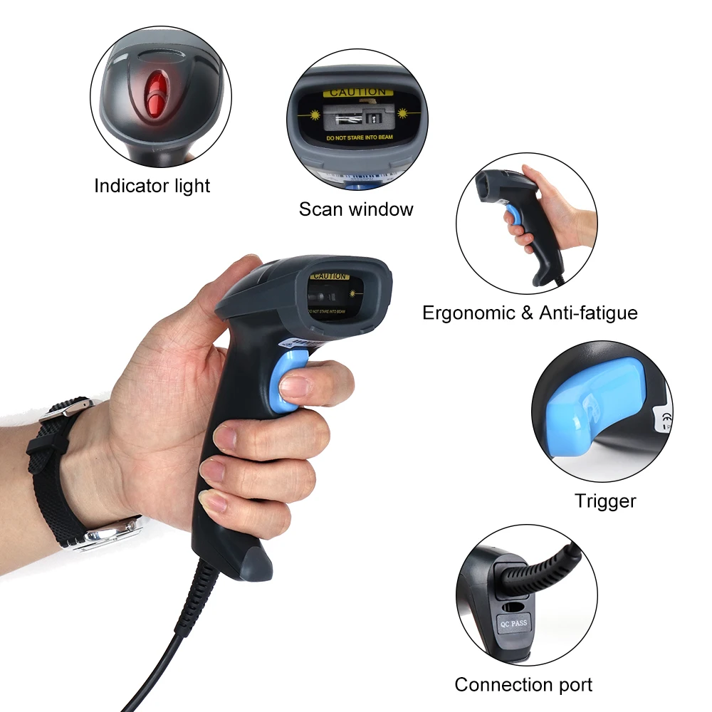 ISSYZONEPOS يده 1D الباركود ماسح ليزر CCD USB السلكية التلقائي قارئ شفرة التّعرّف المضادة للصدمة ماسحة مع حامل