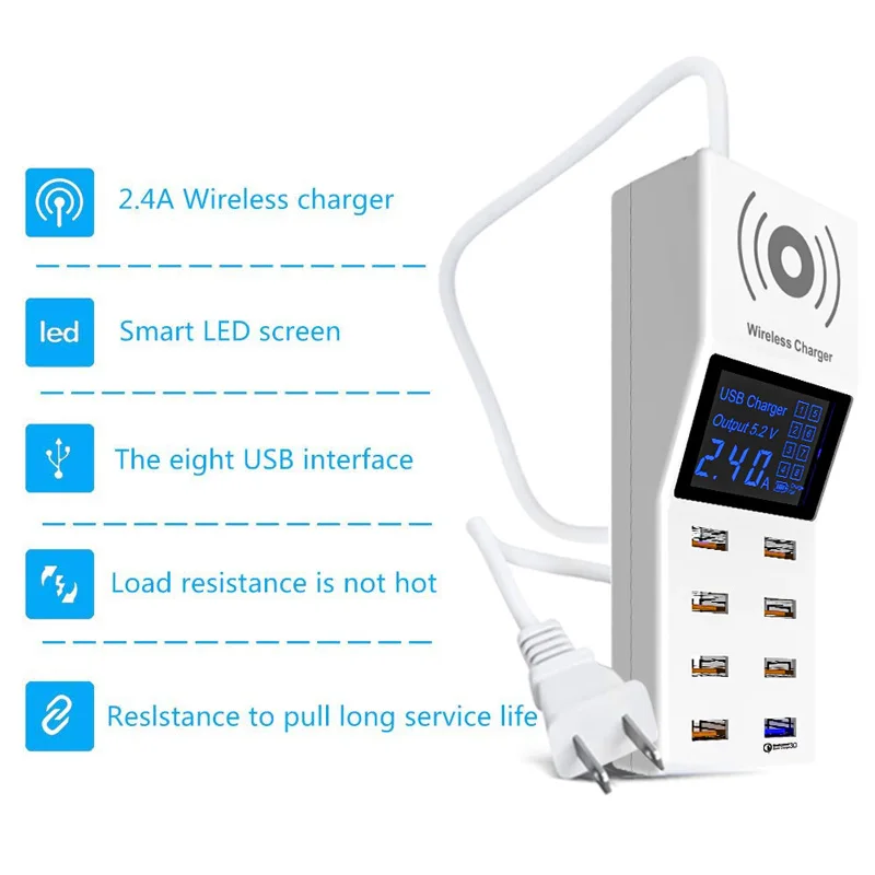 Quick Charge 3.0 Smart 40W 8 Ports USB Charger Digital Display QI Wireless Charger Charging Power Socket Adapter Strip EU US UK