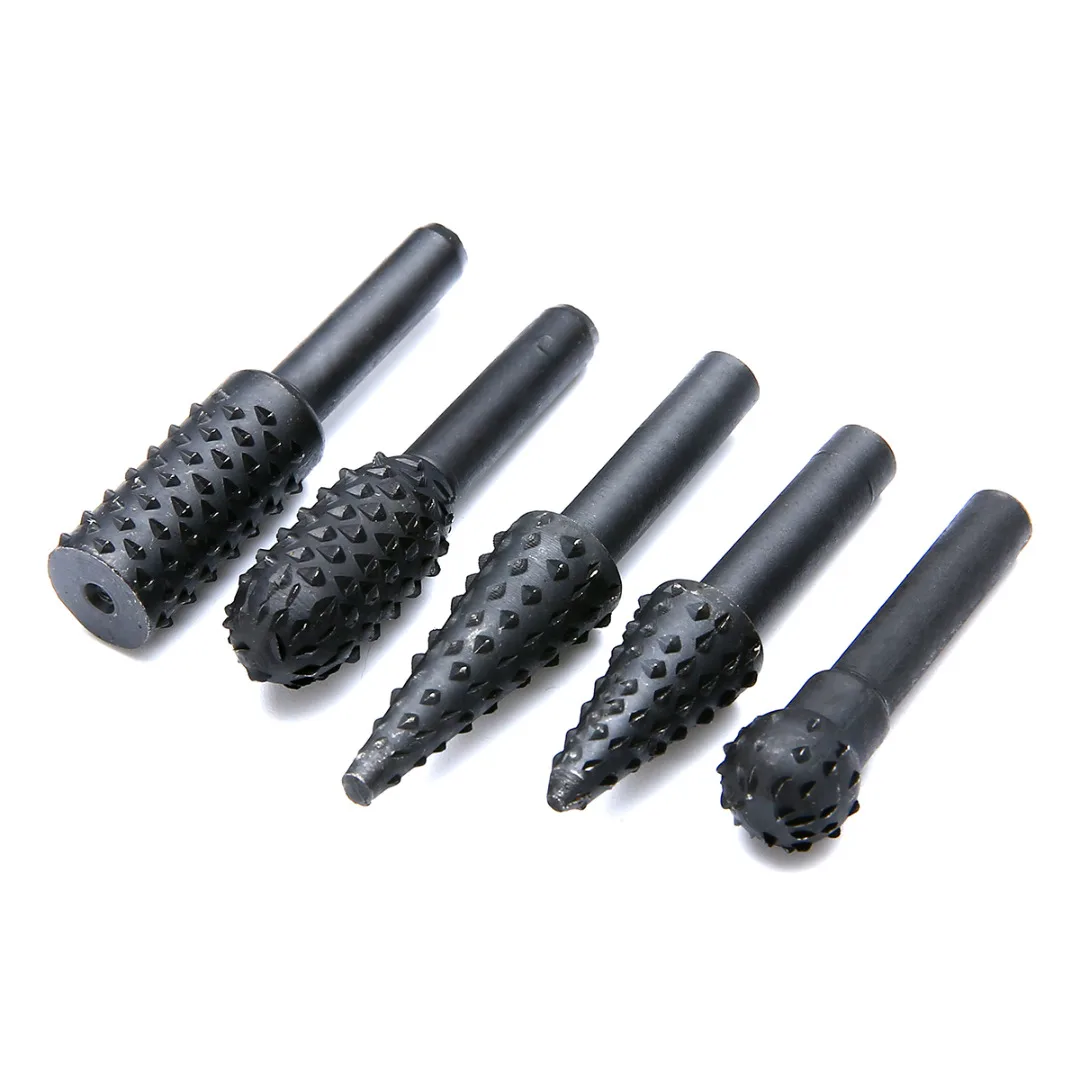 5pcs Black Rotary Rasp Set 1/4'' 6mm Shank Steel Rotary Burr Set Wood