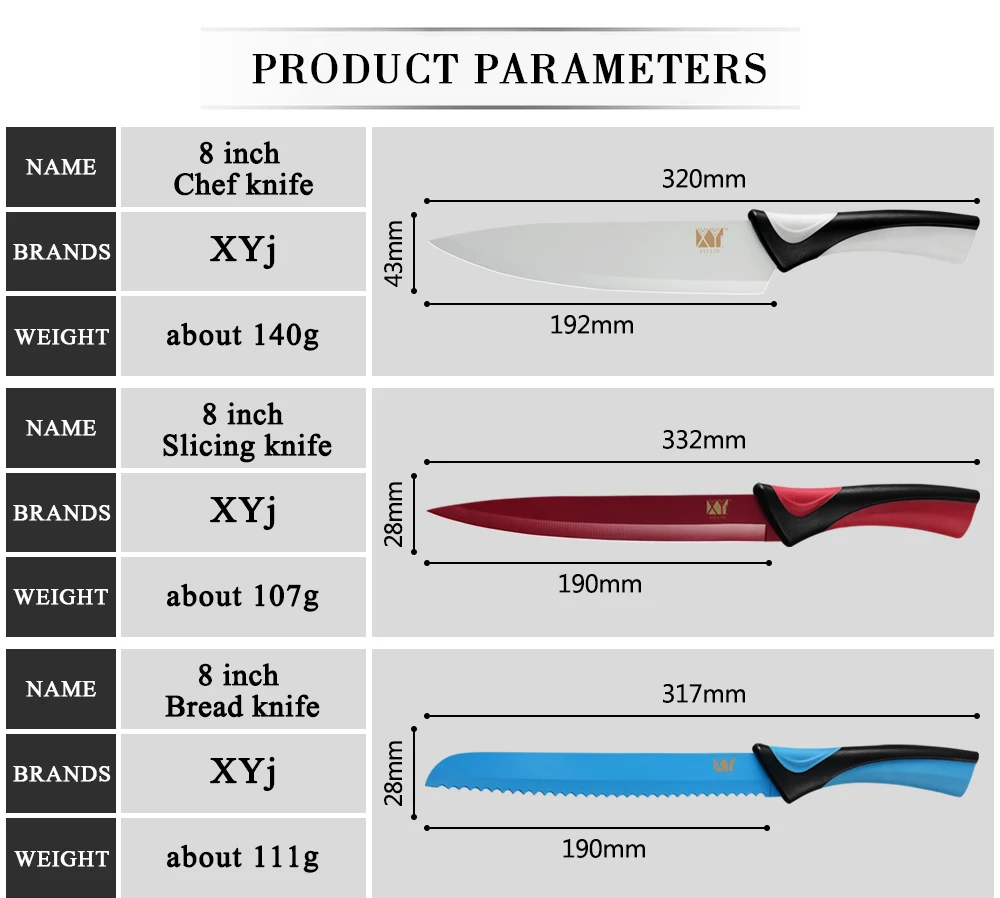 XYj набор кухонных ножей из нержавеющей стали, шесть цветов, ABS+ TPR ручка, тонкие острые лезвия, ножи, инструменты для приготовления мяса, рыбы, фруктов