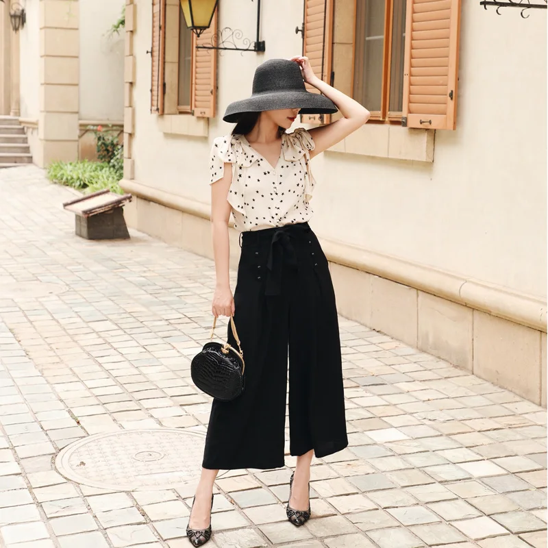 

LYNETTE'S CHINOISERIE Summer Original Design Women High Waist Wide Leg Pants