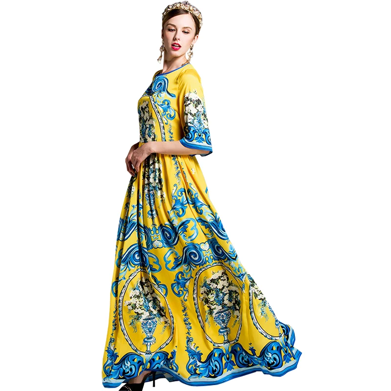 

S-4Xl High Quality 2018 Summer And Autumn Runway Show New Fashion Bright Color Printing Slim Comfortable Fabric Women Long Dress