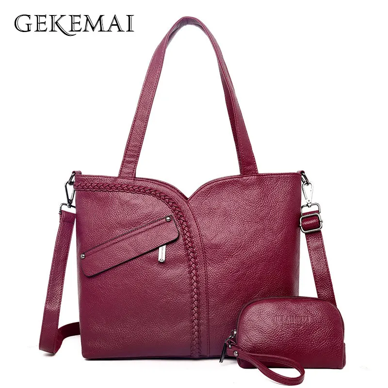  Luxury Women Genuine Leather Knitting Shoulder Bags 2 Sets Purses and Handbags Large Capacity Tote  - 32967643057