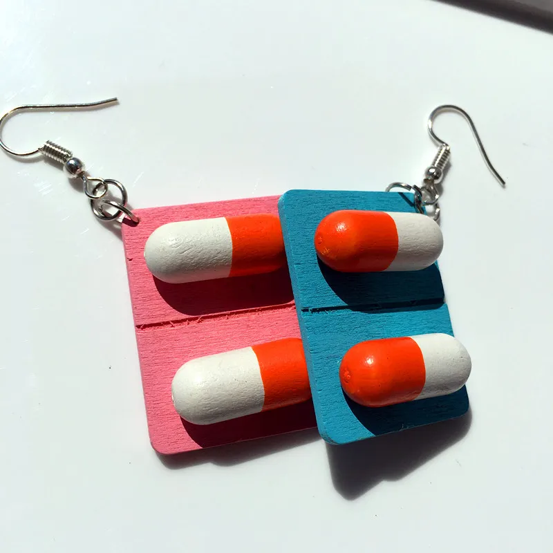 

Funny Creative Ear Wood Earrings Did you take the medicine today wooden pill capsules Harajuku wind ear drops accessories