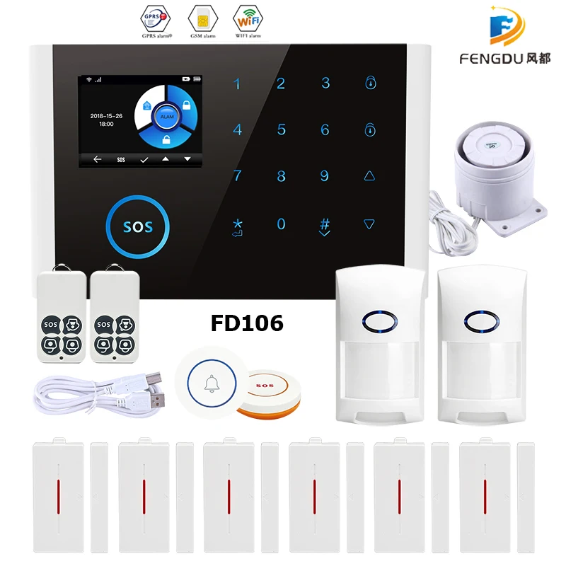 

WIFI GSM Home Security Alarm System with 2.4inchTouch Screen 120dB PIR Main Panel Door/window Sensor Wireless Burglar Alarm