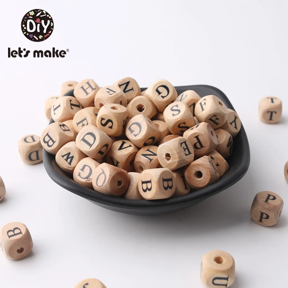 Let's Make Wooden Teether 50Pc Square Shape Beech Wood Letter Beads Diy Pacifier Chain Teether Babies Teething Bead Kid Toy