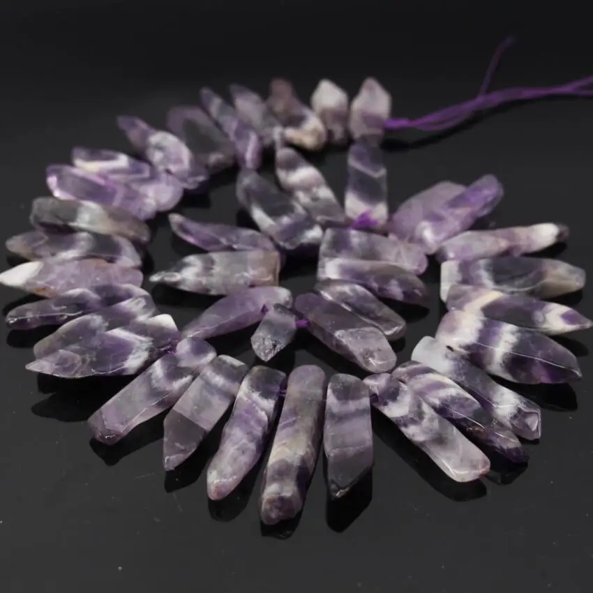 

15.5"strand Natural Stripe Am ethyst Slice Top Drilled Point Beads,Raw Dog Tooth Purple Crystal Quartz Slab Stick Pendant Beads