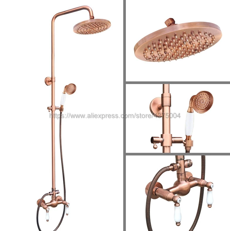 

Antique Red Copper Bathroom Shower Faucet Set Double Handle 8" Rainfall Shower System with Handshower Nrg586