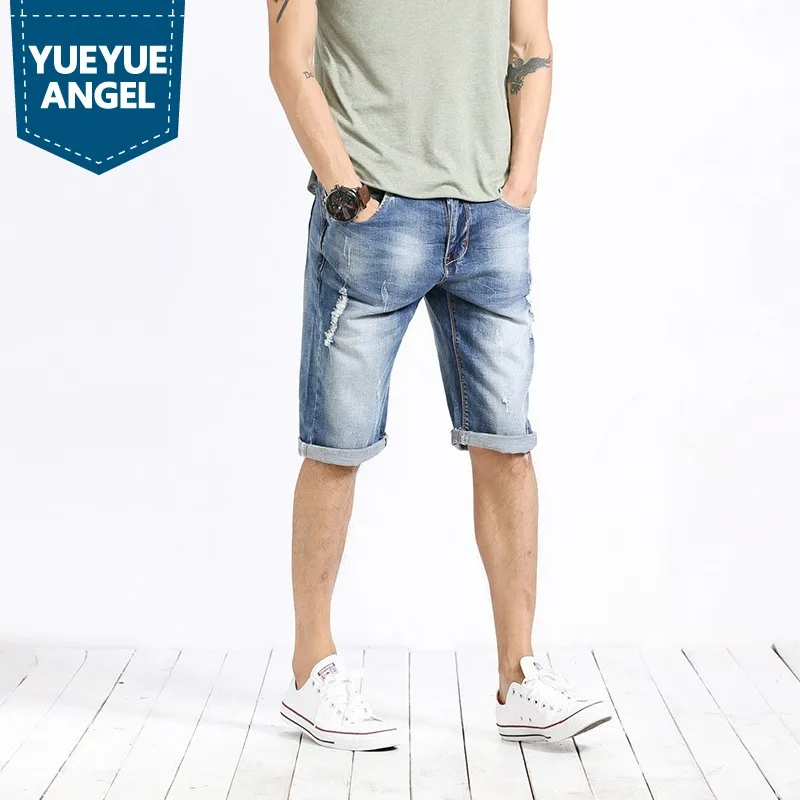 Шорты мужские модные Лето Горячая Распродажа повседневные Прямые джинсовые брюки до колена на молнии корейский стиль потертые рваные джинсы мужские