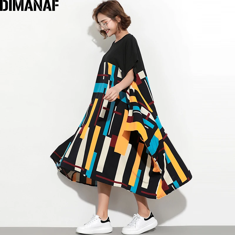 DIMANAF, женское летнее платье больших размеров, сарафан, одежда для женщин, для девушек, большие, Vestidos, с принтом, сплайсированные, повседневные, более размера d, свободные, черные
