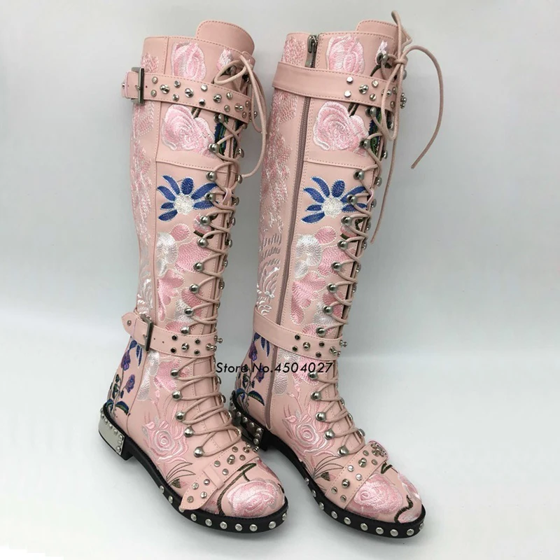 Rosa Flor Redonda Punta Metal Remache Negro Lace color Mujer Up Blanco Rodilla color Botas Color Martin 1 2 3 Alta Largas 4xdv1dAq