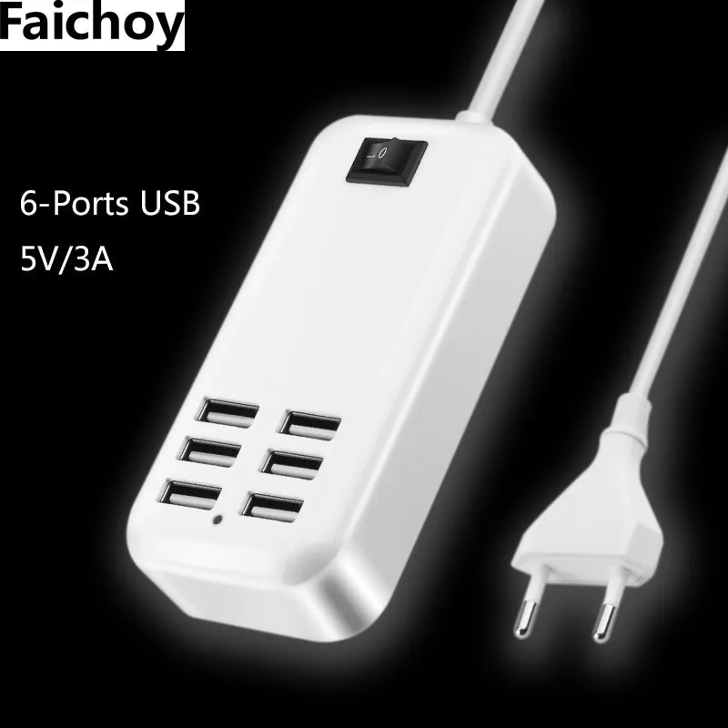 

Faichoy 6 Ports Phone USB Charger For iPhone iPad Samsung Multiple Wall Charging 5V/3A EU/US Plug Adapter Mobile Phone Universal