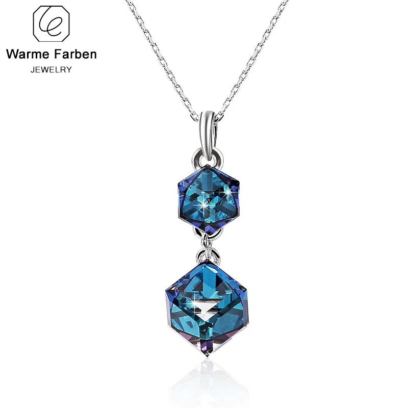

Fashion Jewelry Necklace Women Square Double Blue Cube Crystal Pendant Necklace Women Jewelry Female Collares Ladies Gift