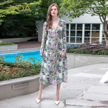 VOA осенние шелковые халаты с длинными рукавами, сексуальная ночная рубашка с глубоким v-образным вырезом, женские пижамы, большие размеры, ночная рубашка с принтом NLX00201