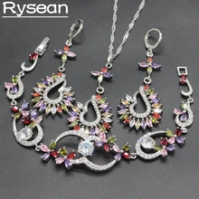 Новинка, серебряные ювелирные наборы для женщин, много цветов, циркония, ожерелье, кулон, браслет, висячие серьги