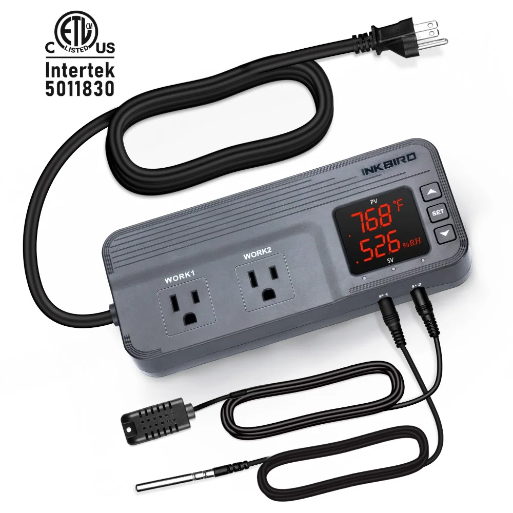 

Inkbird 120V 15A 1800W Combination Temperature and Humidity Controller ITC-608T Digital Pre-wired Outlet Humidistat Thermostat