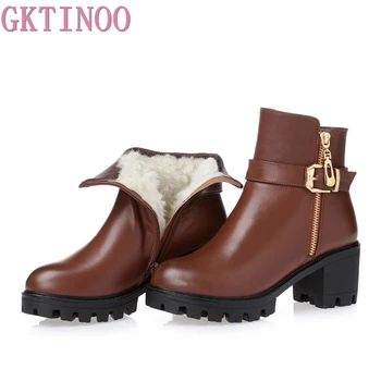 

GKTINOO Plus size(35-43) winter women 100% genuine leather high heel snow boots wool platform ankle boots warm shoes women boots