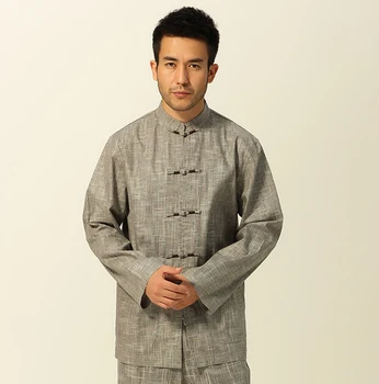 

High Quality Solid Beige Chinese Tai Chi Cotton Line Singel Breasted Shirts Mandarin Collar Casual Tops Coats M- 3XL PM007