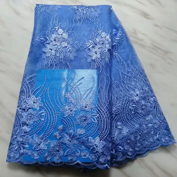 

2019 Hot Sale 3 D Flowers Embroidered African Lace Fabric High Quality beads Rhinestone French Net Guipure Lace Fabric Sky Blue