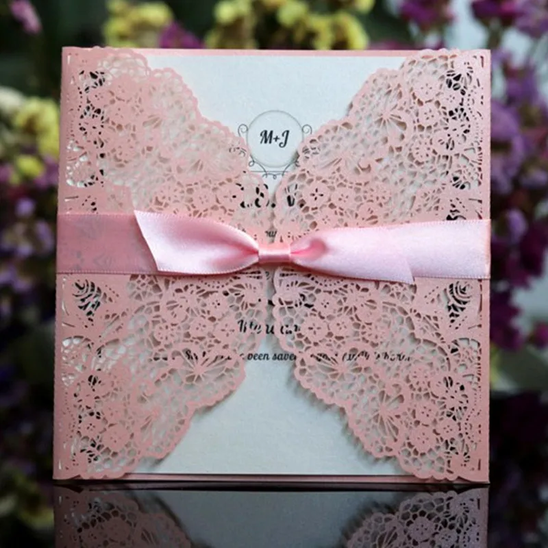 

Pink wedding invitation card with envelop shimmer laser hollow lace holiday greeting cards 50pcs/lot party supplies
