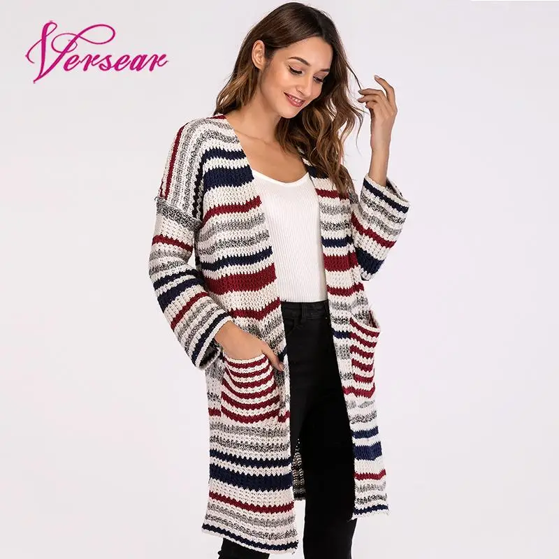 Versear 2019 осень полосатый трикотажный свитер кардиган Для женщин заниженной линией плеч одежда с длинным рукавом Повседневное Свободные