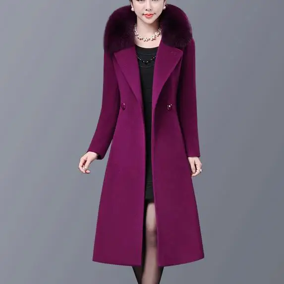 

Plus size M-4XL! Fall Winter Woolen Coat 2018 New Women Mid Long Section Fox Fur Collar Fashion Slim Cashmere Coat
