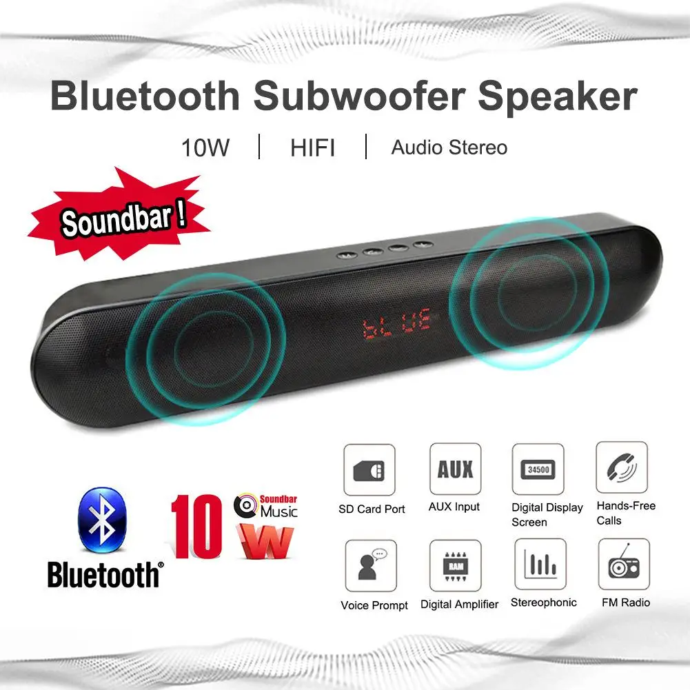 

Soundbar Big Power 10W HIFI Portable Wireless Bluetooth Speaker Audio Stereo Hands-Free TF FM USB Subwoofer Column for Phone