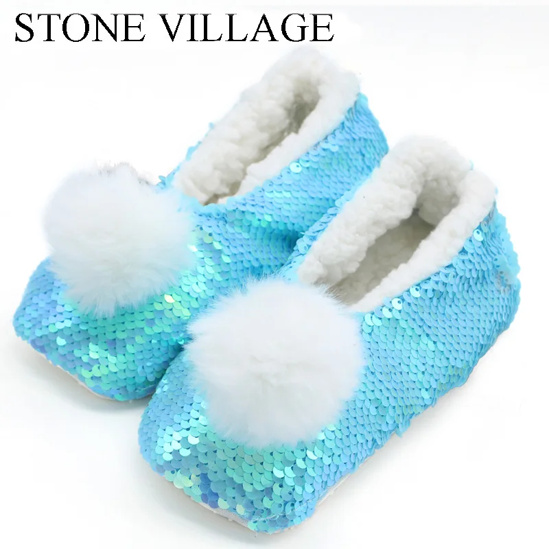 

STONE VILLAGE Sequin Girls Slippers Cute Plush Ball Home Slippers Children Warm Soft Plush Slippers Indoor Slippers Shoes Kids