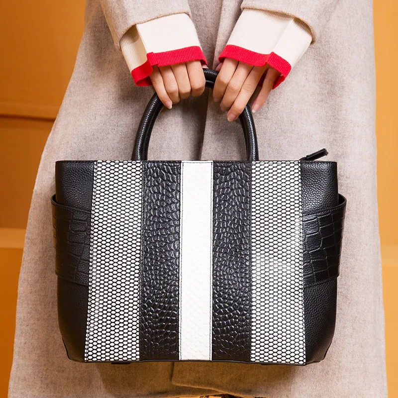 

2019 Women Big Bags Genuine Leather Stitching Color Simple Ladies Handbags Bags 3Colors Wide Stripe Woman Shoulder Bags