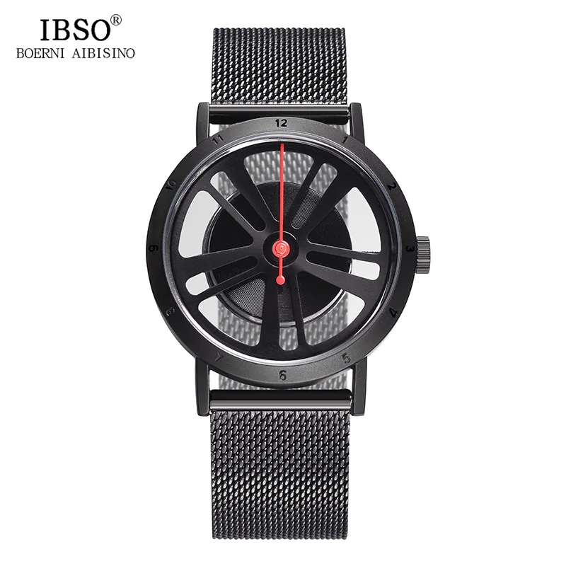 

IBSO Brand Fashion Hollow Out Wheel Design Rotate Dial Quartz Watch Men Sport Locomotive Punk Style Mens Watch Relogio Masculino