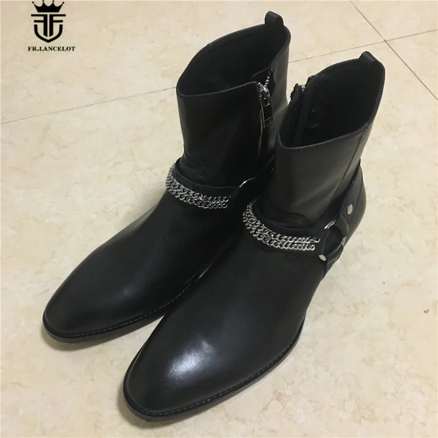 Real Picture Handmade Genuine Leather Chain High Boots Wyatt Men Western Catwalk Fashion Wedge Boots real picture luxury handmade classical wyatt homme harness high top chelsea men boots wedge real cow leather suede boots