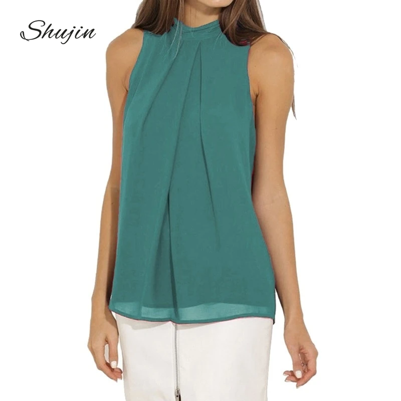 

SHUJIN New Women Chiffon T shirt Summer Top Sleeveless Fashion Solid Vest Shirt Casual Femininas T Shirts Plus Size 4XL 2019