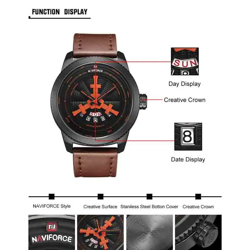 Часы наручные NAVIFORCE мужские спортивные модные водонепроницаемые с кожаным