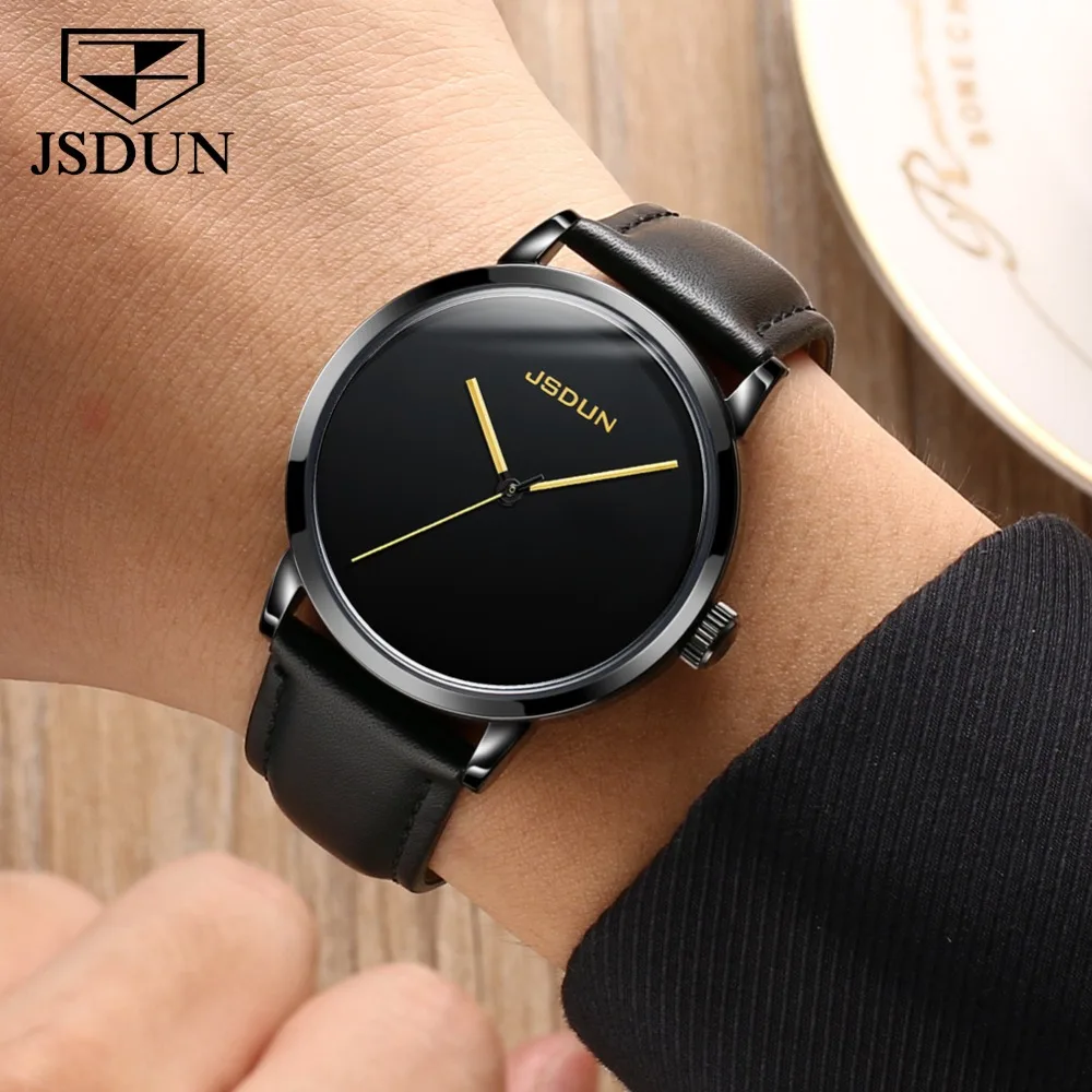 

JSDUN Minimalist Black Men Automatic Watches Stainless Steel Thin Case Male Clock Leather Strap Waterproof Mans Mechanical Watch
