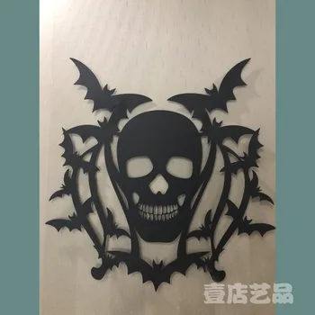 

Wrought Iron Black Paint Halloween Skull Bat Pattern Plane Silhouette Wall Decoration Pendant Creative Home Living Room Ornament