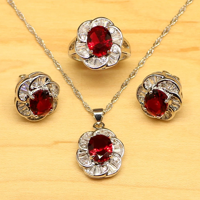 

Natural Red Aarnet White Zircon Women 925 Sterling Silver Jewelry Sets Earrings/Pendant/Necklace/Rings Free Boite Cadeau T045