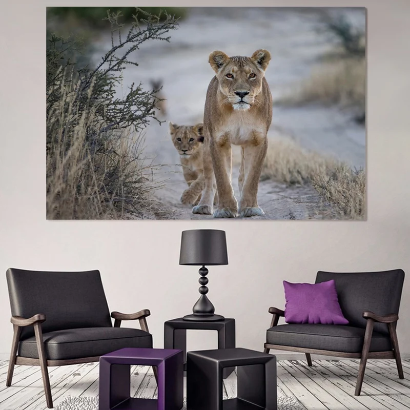 

lion family love cube lioness nature animal predator living room decor home wall art decor wood frame fabric posters KH196