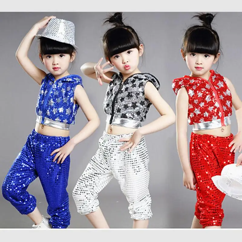 Free shipping,silver red children girl boy performance flashing paillette sequins Hip hop Jazz modern dance suit costume pants