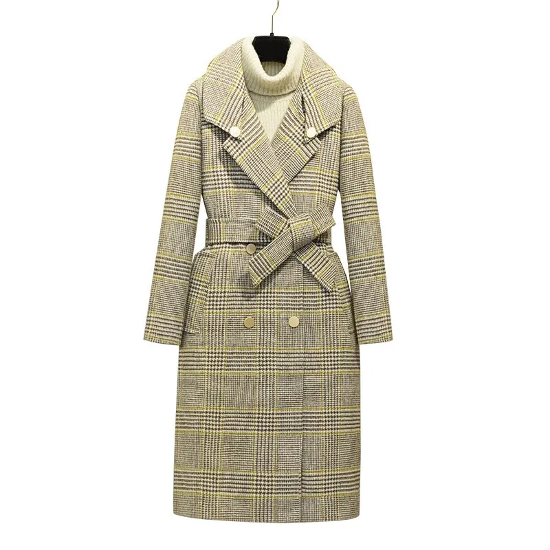 2018 Long Wool Women's coat Spring Plaid Coats Full Sashes Double