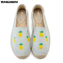 TINGHON модные женские туфли женская обувь Espadrille холст вышивка ананаса Рим Ремешок на щиколотке Hemps обувь на плоской подошве