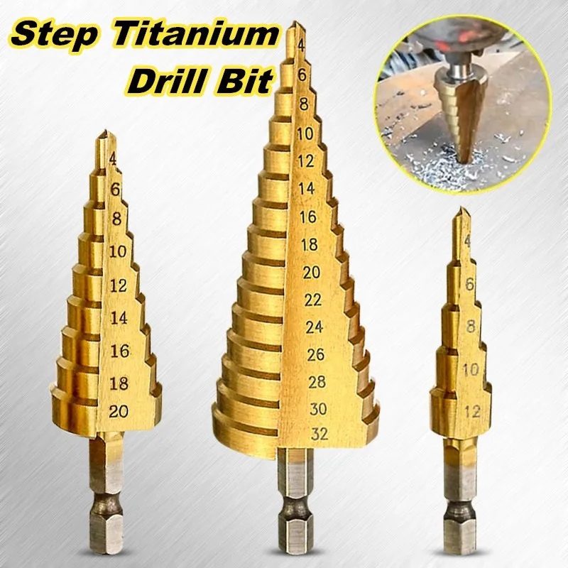 

Multi-size HSS Steel Titanium Step Drill Bits 4-12/4-20/4-32mm Step Cone Cutting Tools Steel Woodworking Wood Metal Drilling