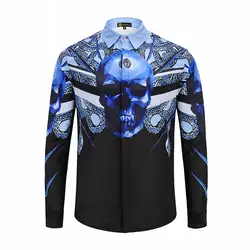 XIMIWUA Новый Harajuku 3d мужские рубашки с длинным рукавом принт синий череп, полиэфирное волокно Chemise Homme м до XXL