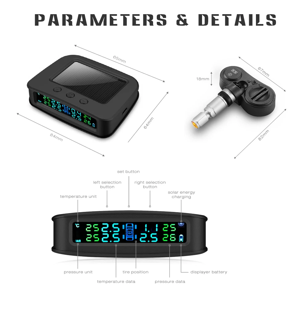 Rectangle Solar Powered TPMS Car Tire Pressure Monitor System 4 External Sensors Temperature Real Time Digital Display Alarm
