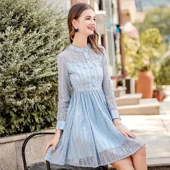 

2018 autumn dress new women's single-breasted long-sleeved Hollow Out lace temperament lady casual fashion dress