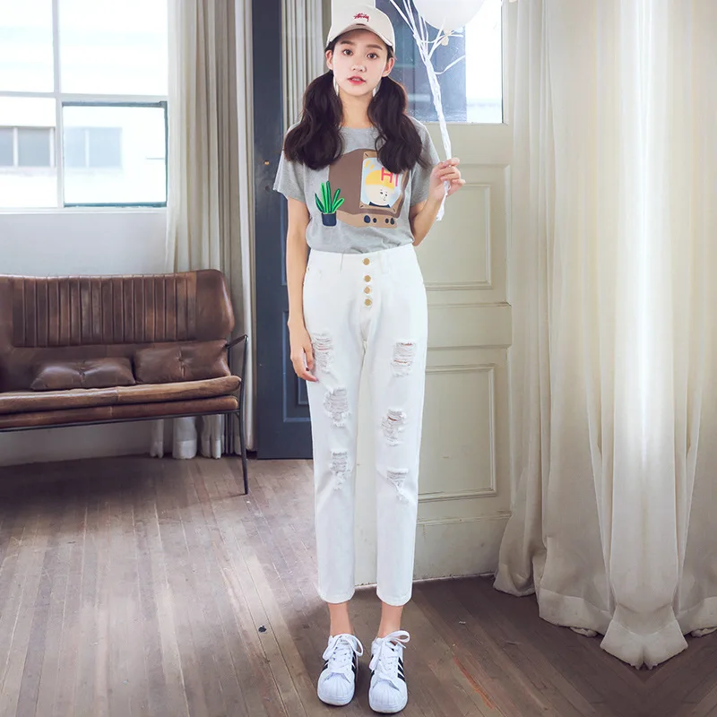 

Spring Autumn  trousers  2016 single - hole nine, white trousers jeans wind Haren pants baggy jeans loose