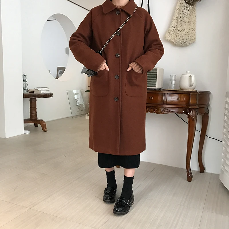 2 цвета, осенне-зимнее корейское однобортное шерстяное пальто средней длины с карманами, женские шерстяные куртки(B0985
